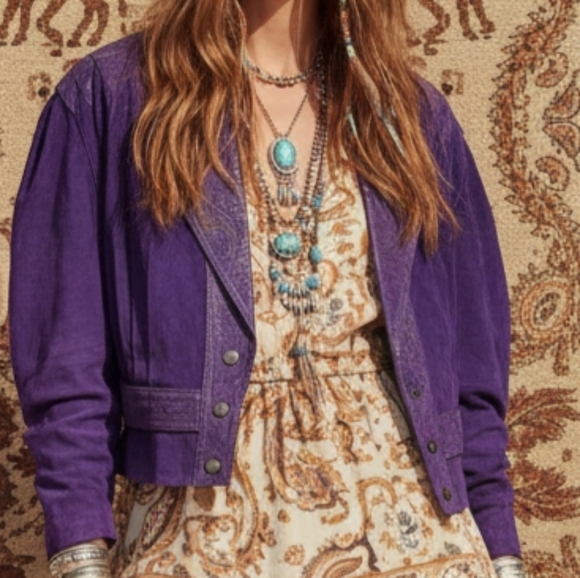 VTG Giorgio Ferrini Purple Suede 80s Cropped Jacket Paisley Boho Biker M - MINT - Picture 7 of 12
